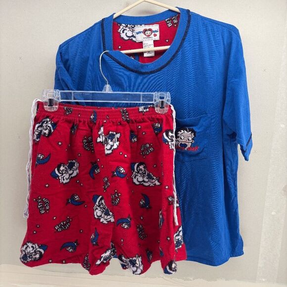 Betty Boop Intimates Pajama PJ Set Shirt Shorts Blue Red Womens Medium Vintage - Picture 1 of 9